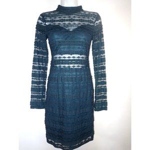 LUSH Dark Blue Teal Lace Sheer Sleeves & Waist Bodycon Dress‎ Women S NEW Lined
